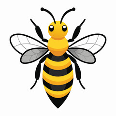 Funny, cute, smiling cartoon bee with black and yellow wings flying on a white background