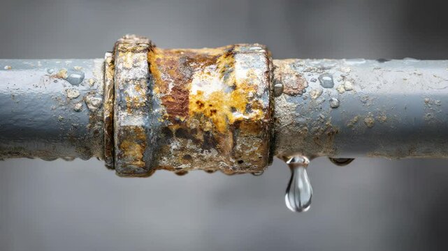 Close-up of a rusty, leaky metal pipe, showing corrosion and dripping water