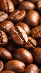 closeup shot showcasing the intricate details of rich, perfectly roasted coffee beans creating a warm, aromatic ambiance