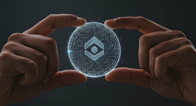 Close-up of hands holding a transparent digital coin with blockchain code overlay concept of secure transactions