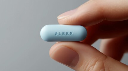 A hand holding a blue sleep medication capsule, symbolizing rest and relaxation for better sleep quality.