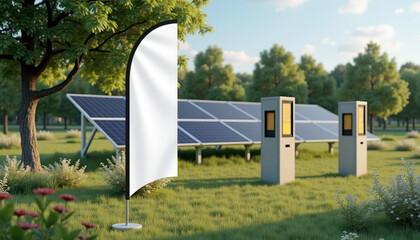 Flag banner mockup. Renewable energy flag mockup by solar panels outdoors