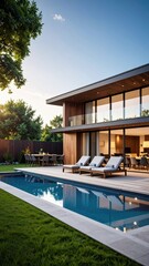 modern luxury residence featuring a swimming pool and outdoor lounge area at dusk
