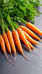 freshly harvested carrots with vibrant green tops arranged on a dark surface in a studio setting