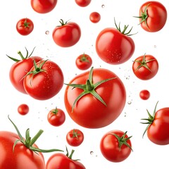 Many red tomatoes falling in air isolated on white background