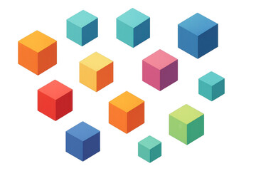 Vibrant geometric cubes hovering, casting soft shadows on translucent surface with minimalist visual composition