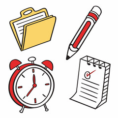 Colorful stationery items alarm clock pencil notepad folder
