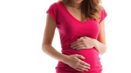 Pregnant woman wearing a pink t shirt, gently holding and caressing her belly with both hands, radiates love and anticipation for new life against a transparent background