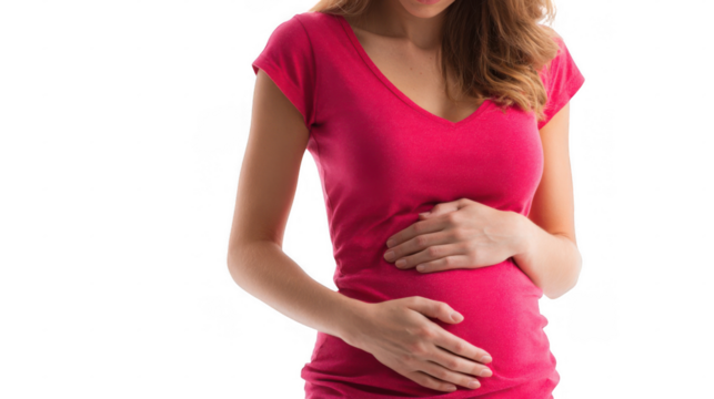 Pregnant woman wearing a pink t shirt, gently holding and caressing her belly with both hands, radiates love and anticipation for new life against a transparent background