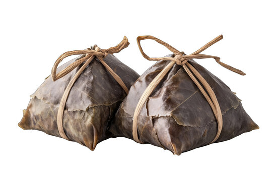Two triangular food parcels wrapped in dried leaves, tied with natural string