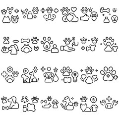 Collection of outline style pet care and veterinary icons featuring dogs cats and paw prints in black