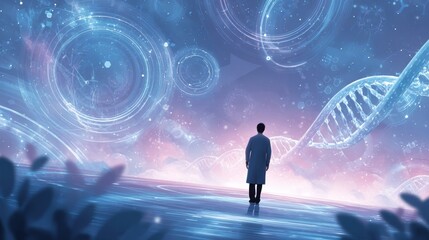 A lone scientist stands on a platform, gazing at a cosmic scene with a giant DNA helix and molecular structures floating in a starry sky.