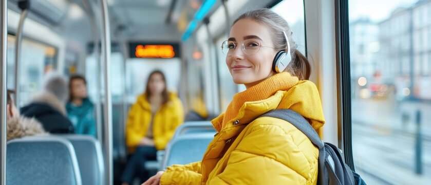 Fototapeta A young woman wearing glasses and headphones smiles while sitting on a bus, dressed in a yellow jacket with a backpack, with blurred passengers in the background.