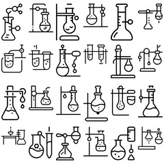 Collection of outline style science lab equipment including beakers flasks and test tubes on stands and setups