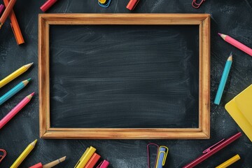 Vibrant Color Picture of Fuchsia and Yellow Stationery Around Chalkboard
