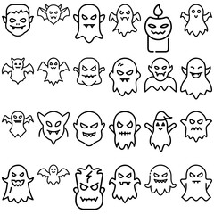 Collection of halloween themed outlined illustrations featuring ghosts bats and a candle with a spooky face