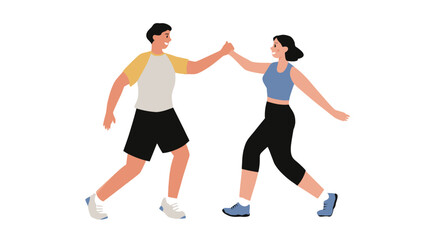 A vector illustration depicting a young man and woman, both dressed in athletic wear, giving each other a high five.  They are illustrated in a simple, cartoonish style against a plain white