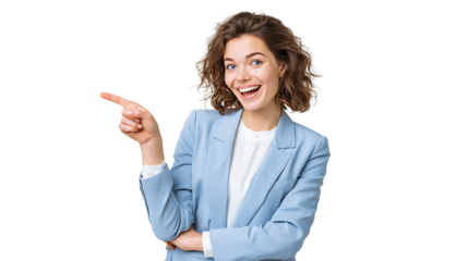 Cheerful woman points with her finger at a specific direction, creating a sense of focus and direction