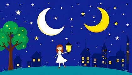 Girl walks night town with moonlit scene.