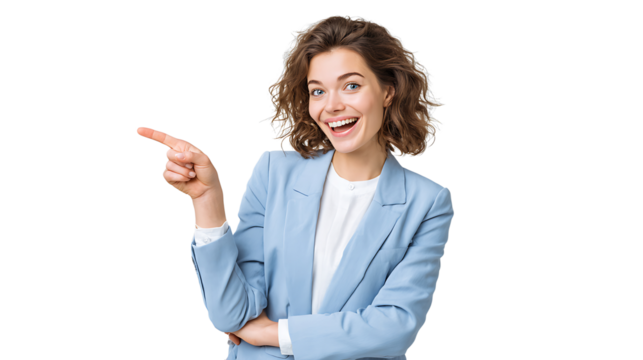 Cheerful woman points with her finger at a specific direction, creating a sense of focus and direction