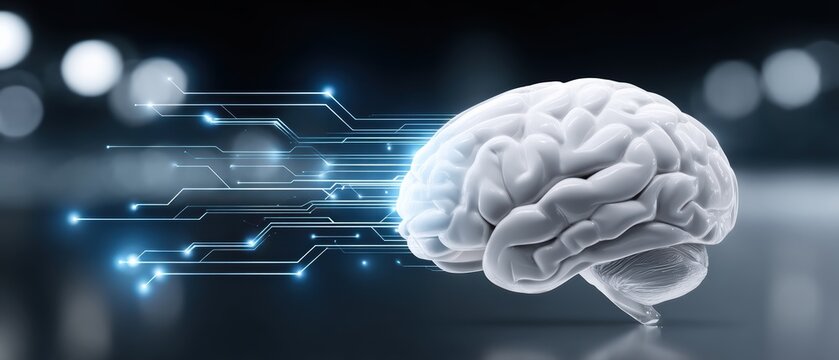 A digital illustration of a human brain with glowing circuit-like lines extending from it, symbolizing artificial intelligence and neural connections.
