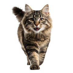 A happy, fluffy cat walking directly toward the viewer, offering a friendly and engaging expression. The cat's fur is a mix of brown, black, and gray, adding to its unique charm