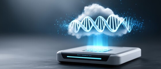 A futuristic device projects a glowing DNA double helix in a digital hologram, symbolizing advanced genetics and biotechnology.
