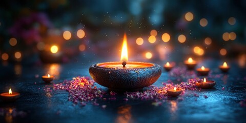 Glowing Oil Lamps with Delicate Flower Petals for a Festive Spiritual Ceremony