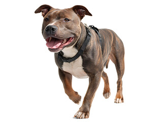 Obraz premium A powerful and friendly-looking dog is striding toward the camera with a harness. Its stance exudes confidence and vitality, symbolizing the breed's strength and loyalty