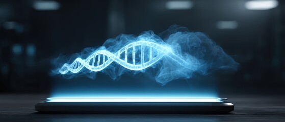 A glowing blue DNA helix hologram projected above a smartphone in a dark, futuristic setting.