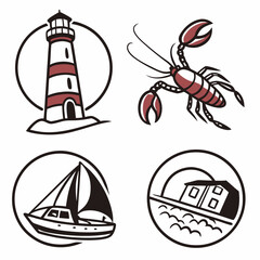 Coastal icons lighthouse lobster sailboat house