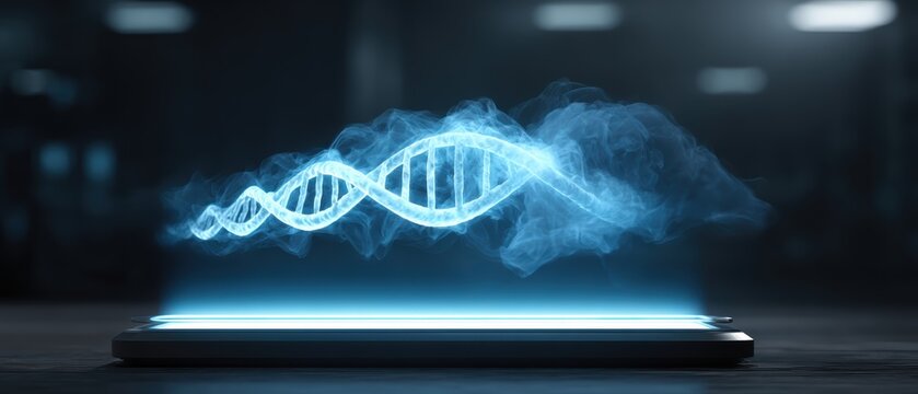 A glowing blue DNA helix hologram projected above a smartphone in a dark, futuristic setting.