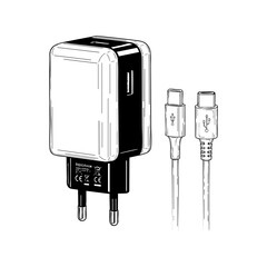 Phone Charger Hand Drawn Sketch in one Picture, on a Transparent Isolated PNG Background