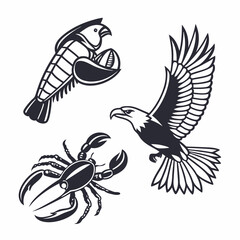 Stylized lobster eagle crab wildlife animals set