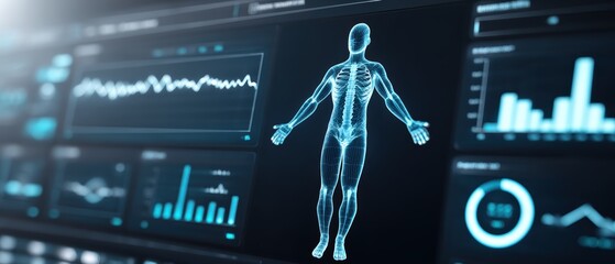 A digital medical interface displaying a human skeletal body and various health data charts on a futuristic screen.