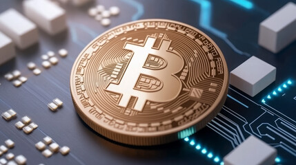 Bitcoin coin resting on a circuit board with glowing connections  