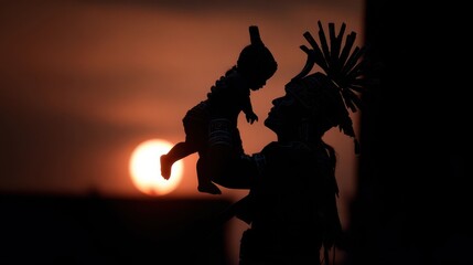 A powerful silhouette of an indigenous parent lifting their child against the backdrop of a dramatic sunset.