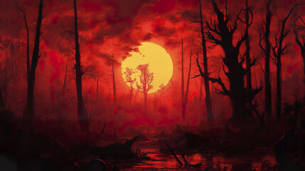 haunting sunset casts fiery glow over dark forest, creating eerie atmosphere