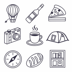 Adventure travel icons hot air balloon pizza coffee