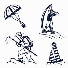 Adventure icons travel exploration sailboat lighthouse
