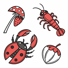 Cute red insects and fruits clipart set, transparent background