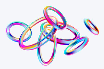 3D glass rings on white background. Colorful transparent geometric shape in glassmorphism style