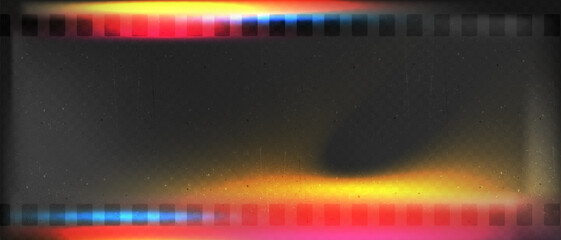 Old film strip leaking light rainbow rays overlay effect and noise texture, Scratched old film strip with grain and bokeh glare effect, Vector vintage background.