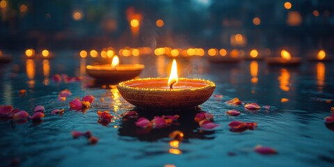 Festive Oil Lamps Glowing on Water with Floating Petals at Dusk