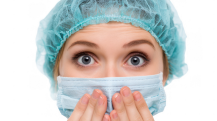 Close up of female doctor wearing surgical mask and cap, covering mouth with hands and making a nervous expression, isolated on transparent background