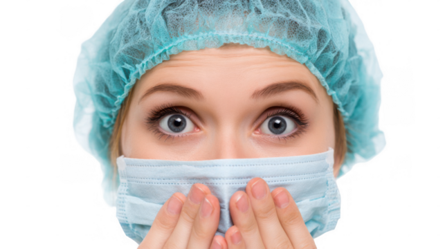 Close up of female doctor wearing surgical mask and cap, covering mouth with hands and making a nervous expression, isolated on transparent background