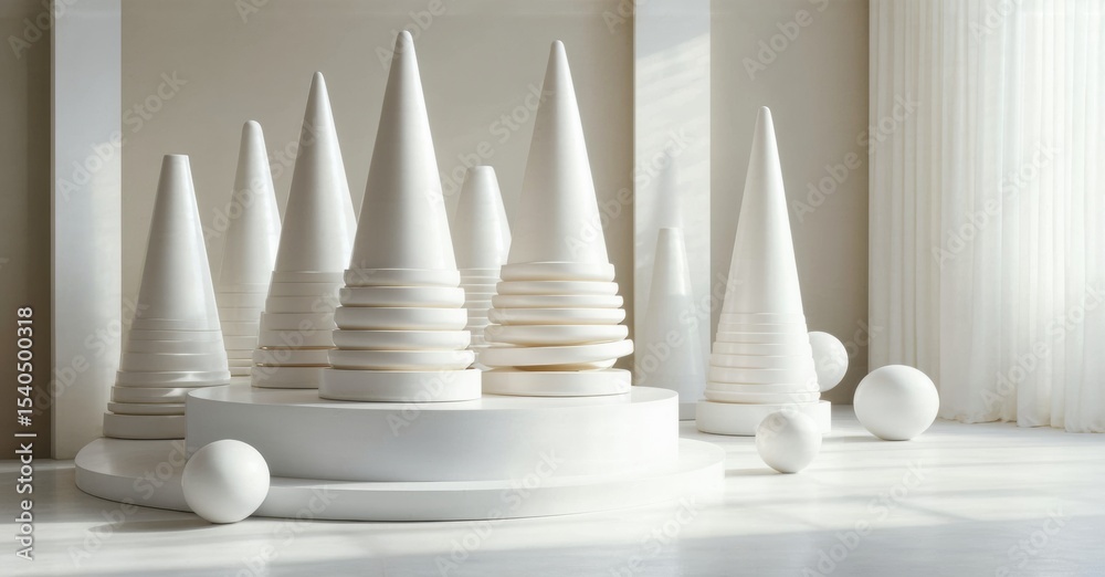 Poster Minimalist composition. White cones, spheres, platforms create soft, elegant display. Light, shadow define geometric forms. Clean aesthetic.