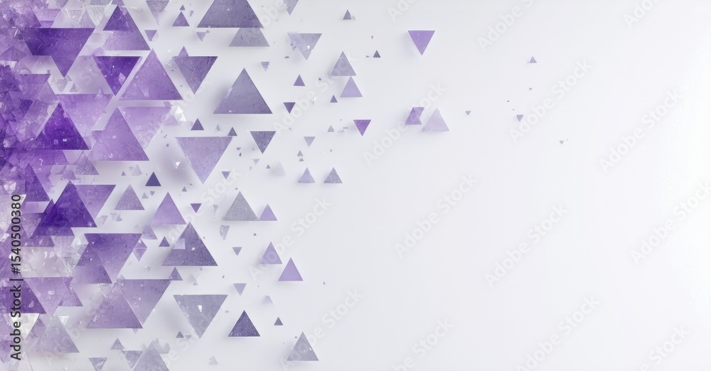 Poster Abstract purple triangles form dynamic pattern. White space dominates right side, creating modern design. Minimalist aesthetic.