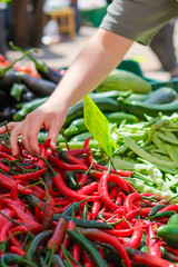 Young woman choosing fresh organic vegetables at a local market. Concept of eco lifestyle, sustainable food, mindful consumption, zero waste, farm produce, and conscious living.