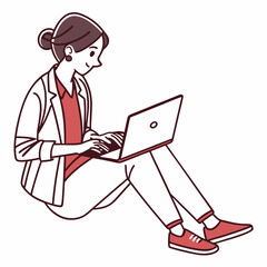 Woman working on laptop, clean cutout, transparent background